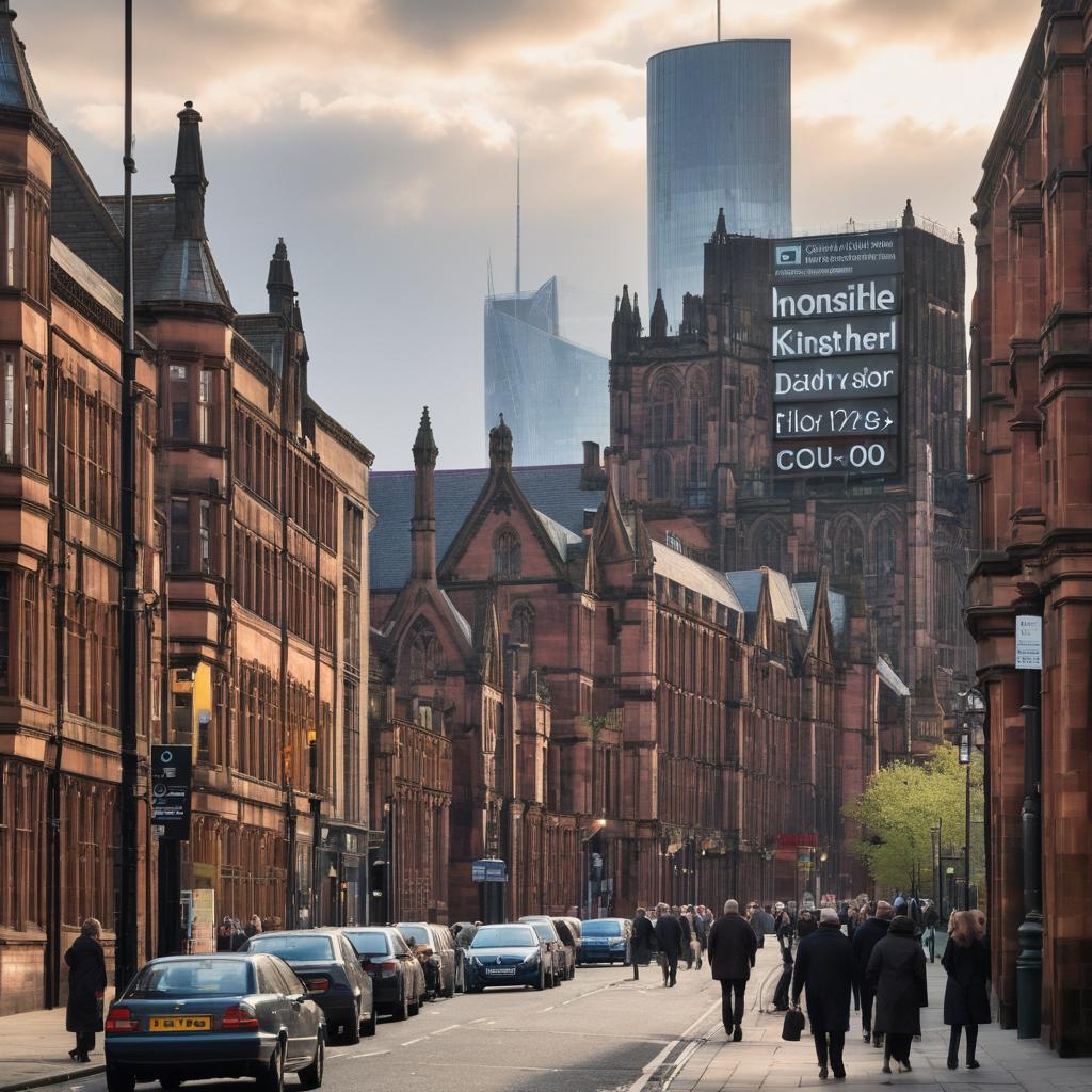 This image captures Manchester's vibrant atmosphere with modern structures, bustling crowds, iconic landmarks, and numerous real estate signs, symbolizing its rich history, diverse culture, and booming property market.