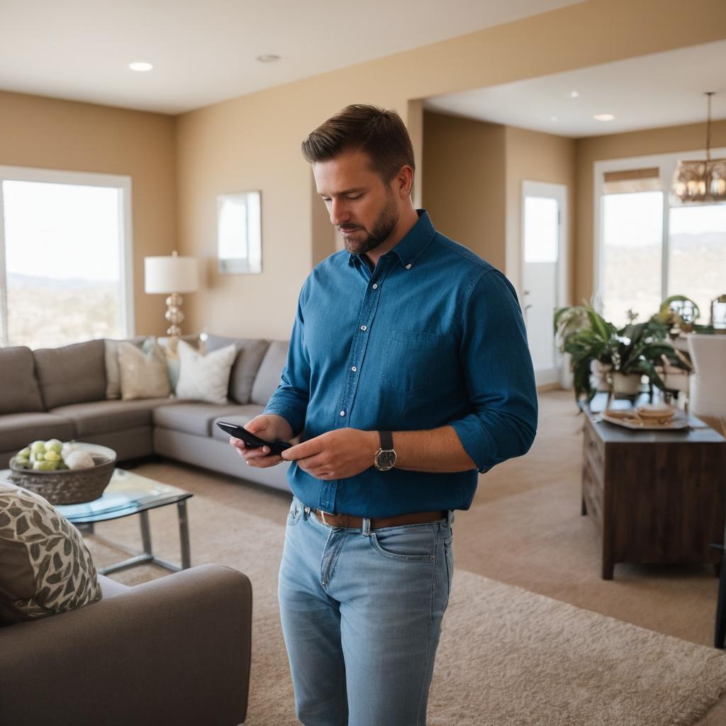 A man stands among crowds at an open house in Colorado Springs, browsing property listings on his phone, as real estate agents and fellow buyers discuss options against the scenic backdrop of the Rocky Mountains.