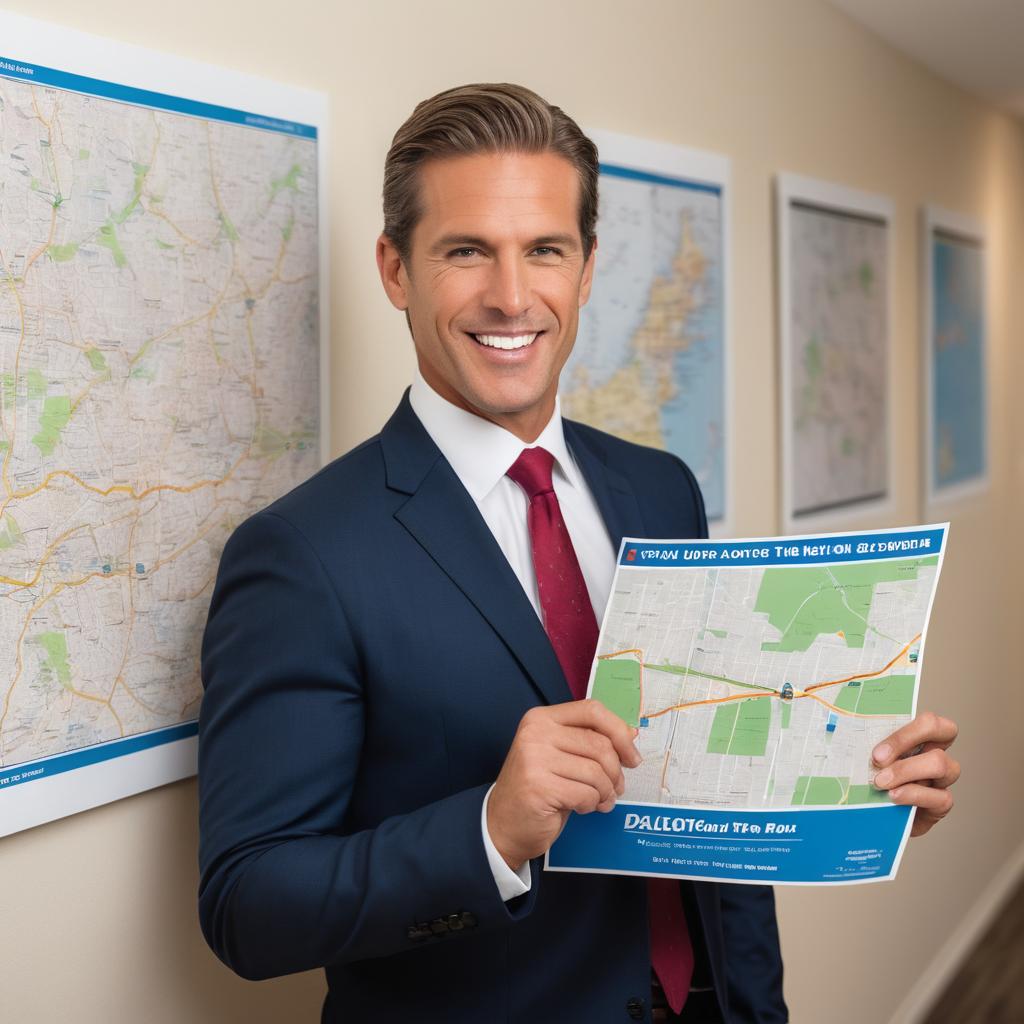 A real estate agent, dressed professionally and exuding confidence, highlights various areas on a map of Stockton while surrounded by marketing materials and a monitor displaying property images, inviting potential buyers or renters.