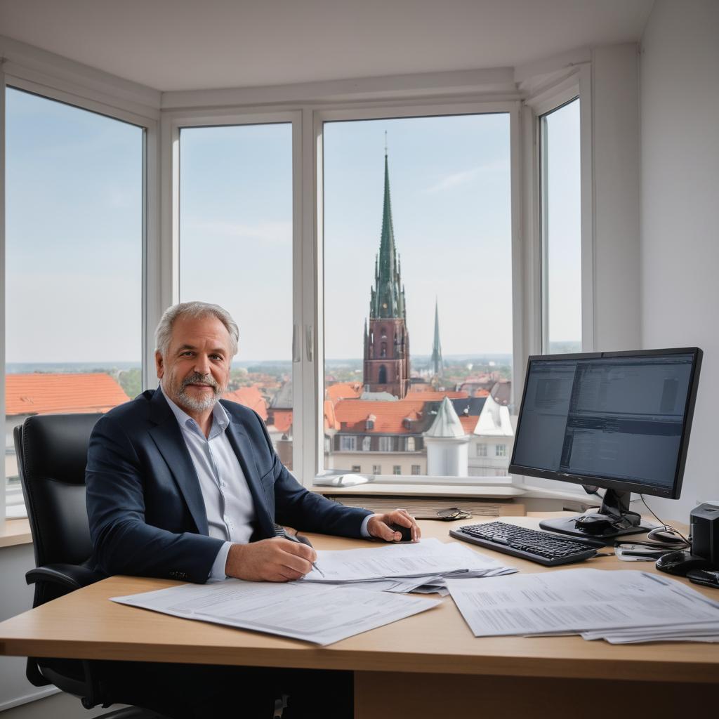 A middle-aged man, Mr. Emilio Farmers, works at his desk in Magdeburg's Domus-Immobilienverwaltungsgesellschaft mbH real estate agency, surrounded by property listings on his monitor and documents, with the city's skyline and a €695,000 historic house featured; he sips coffee from a mug bearing 