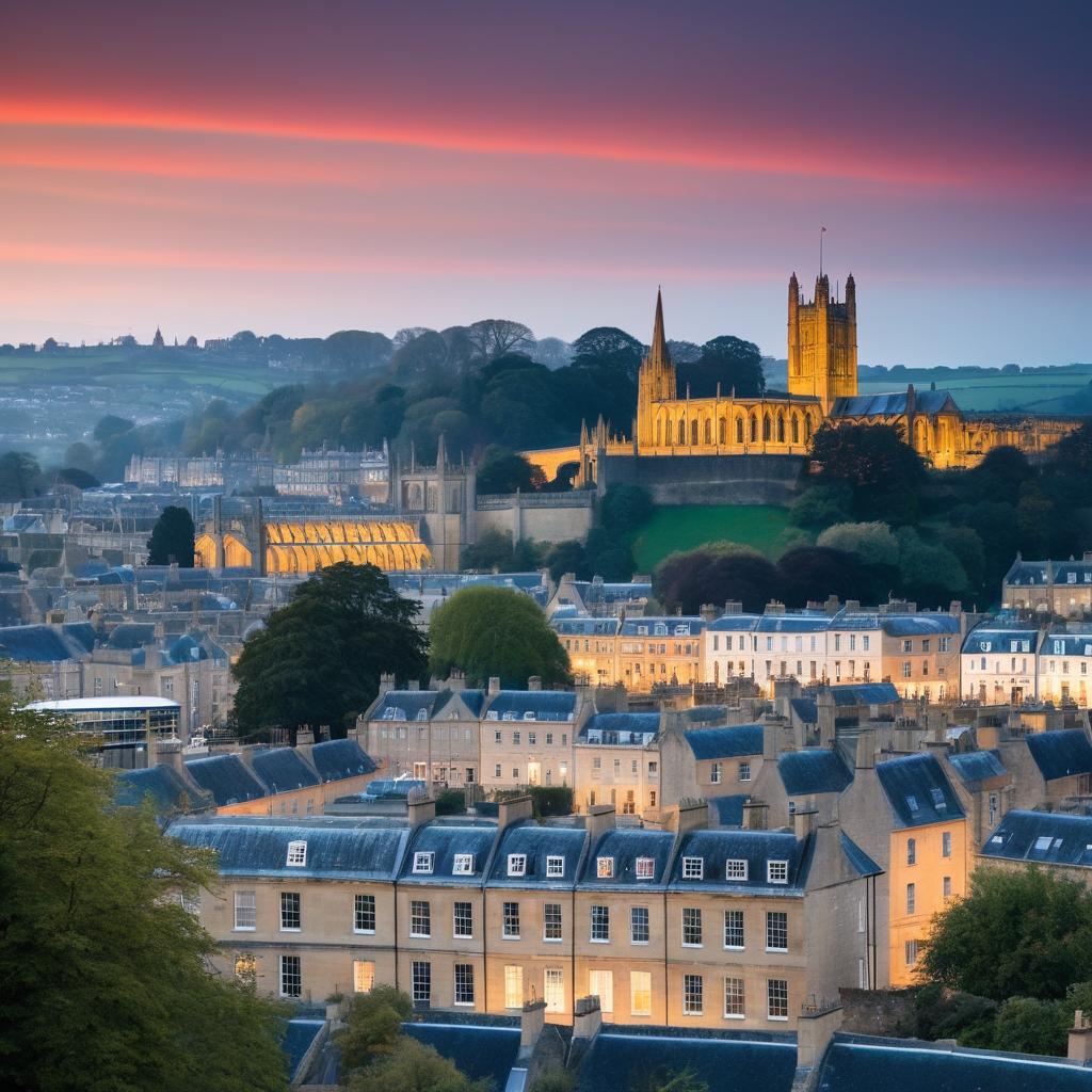A bustling real estate market in Bath UK showcases an array of houses, flats, and ranches for sale and rent on a screen, with Oscar Bray from Knight Frank, ready to help, against the backdrop of Bath's iconic skyline.