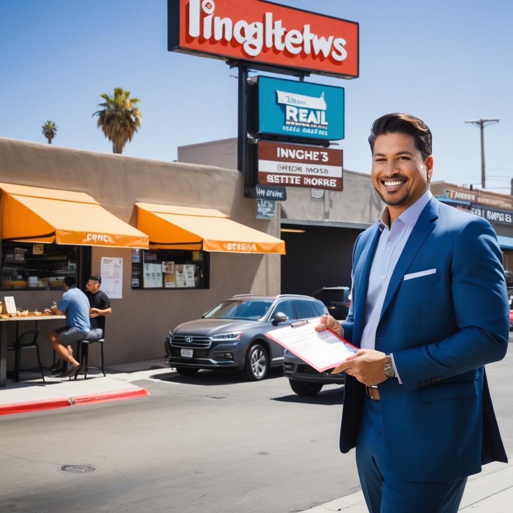 Amidst Inglewood's vibrant cityscape, Matthews Real Estate Investment Services stands out with Mr. Shaaffer holding a clipboard, as passersby enjoy food from El Pollo Loco and Pandas Express, while an underground parking lot sign signals the availability of modern amenities for potential homeowners.