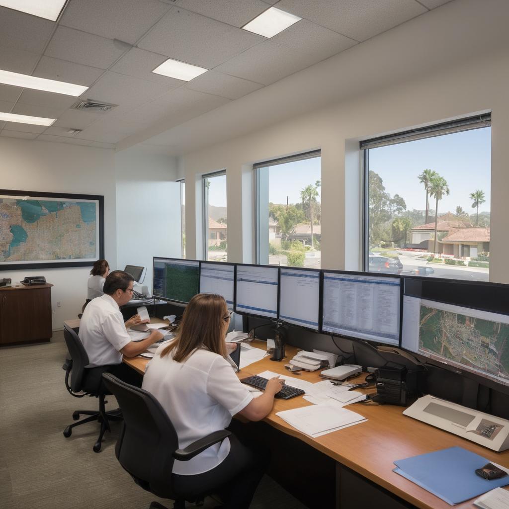 A bustling real estate office in Santa Ana is shown with several people browsing listings, employees assisting clients, and a map of the city displayed, as everyone works diligently to find the perfect property.