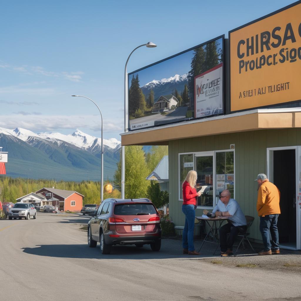 A bustling street in Wasilla showcases numerous real estate agencies with active signboards, busy passersby engaging in property deals, and a man discussing potential purchases online amidst an upcoming house auction announcement.