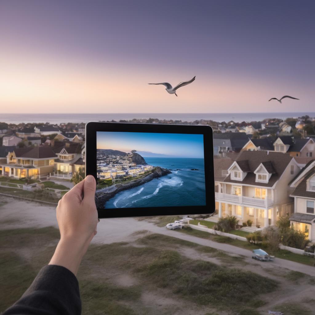 The image showcases a picturesque Oceanside coastline with houses and buildings aligned, an estate agent displaying property listings on a tablet, a clear blue sky dotted with seagulls, and digital signs advertising real estate services.