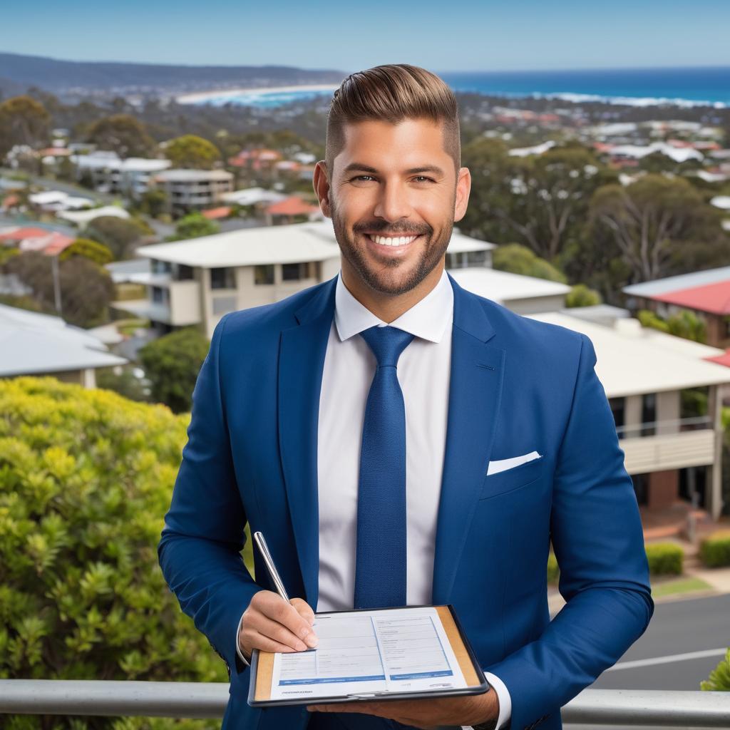 A real estate agent, Kameron Goodman from David Grubb Real Estate, stands confidently at his Fairy Meadow office with listings, overlooking Wollongong's beach and parks, where he shares a nostalgic connection with the local Cosas Nostra Risorante. This image represents the stability, growth, and opportunities in Wollongong real estate market.