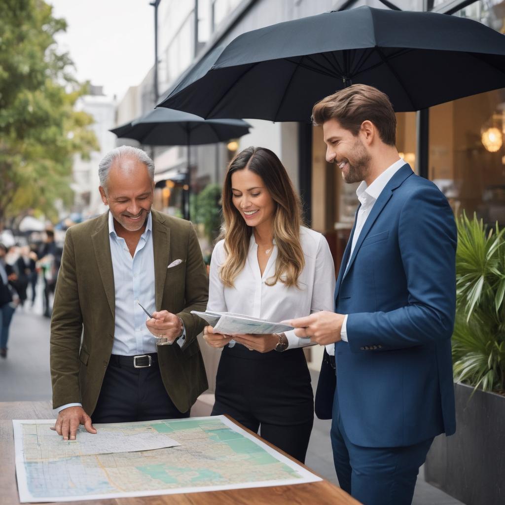 Amidst Melbourne's thriving real estate scene, agents discuss new listings with eager buyers while industry veterans share tales over coffee, as out-of-towners begin their exploration for affordable housing opportunities.