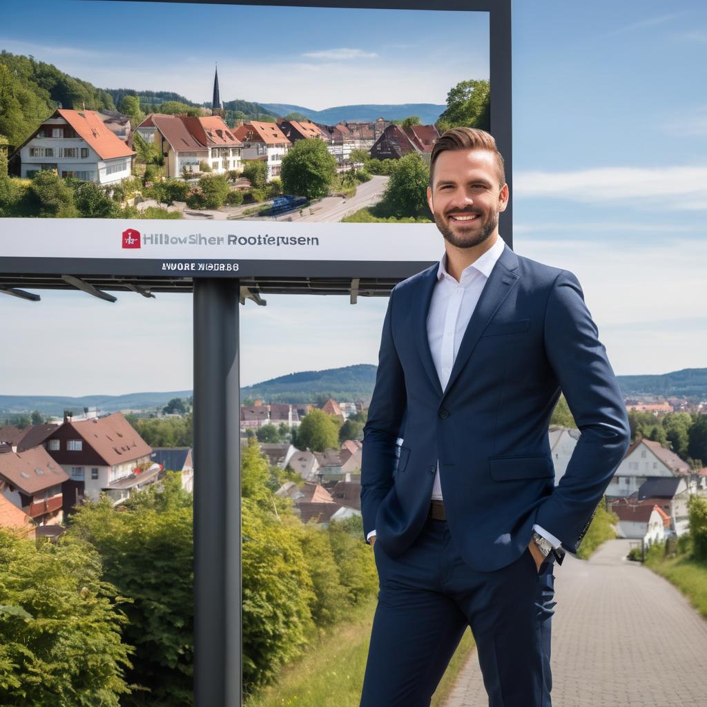 A real estate agent, Noah Aveery from SEEGER & RUSSWURM Immobilien GmbH, confidently presents Karlsruhe's diverse property offerings on a billboard - ranging from houses with pools and basements to apartments - while the city's scenic backdrop of hills and Black Forest promises hopeful buyers and renters a sense of opportunity.