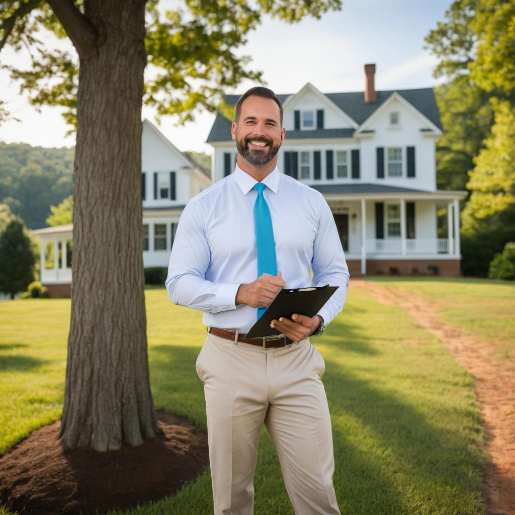 A real estate agent, Mr. Jesus O'Connor of Federal Realty, stands confidently in front of a historic 