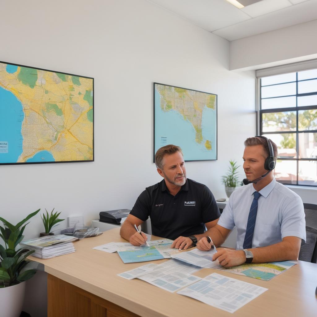In this image, a vibrant real estate agency in Townsville teems with activity; clients peruse listings, an agent assists a buyer, another speaks on the phone, and a map showcases various neighborhoods and property types for sale and rent.