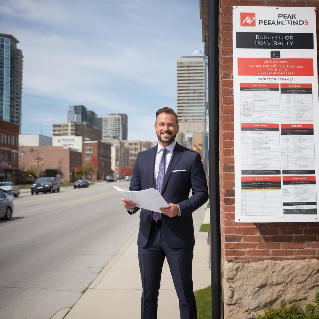 Mr. Maverick McLeod of Peak Realty Ltd, dressed professionally outside his office in Kitchener, holds a clipboard with properties for sale and rent while explaining rental opportunities to potential clients, as a sign promotes best offers on homes and lands in the city.