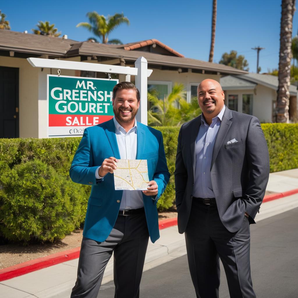 Two businessmen, Mr. Finley Gould and Eli Mercer of Greenleaf Gourmet Chooshop, are seen at Real Estate Enterprise on Newport Blvd in Costa Mesa, CA, poring over a map with determination and enthusiasm for the best property deals, while looking up from the map at a report detailing average sale prices, and in the background, Avila's El Rancho restaurant is visible for lunch breaks, with distance markers indicating Villa Real Estate and a 2.35 km separation.