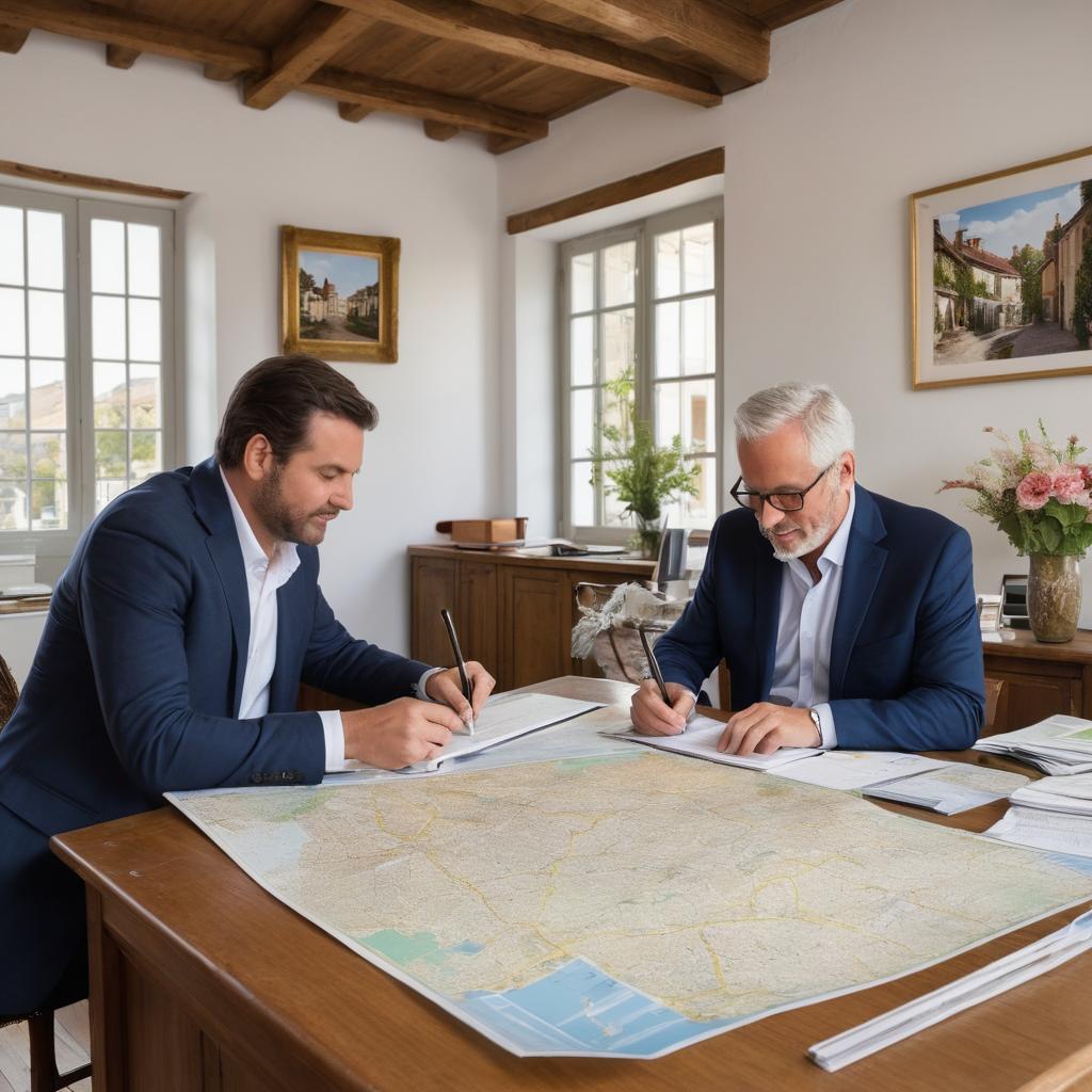 A bustling real estate office in Nancay, France, is filled with maps, property listings, and active discussions between agents and clients; Mr. Cash Hancock works at the center, while outside, a lively street scene showcases passing pedestrians and cars, reflecting the thriving market. Inside, collaboration among agents is evident as they help clients find their dream homes, with mortgage options advertised nearby.