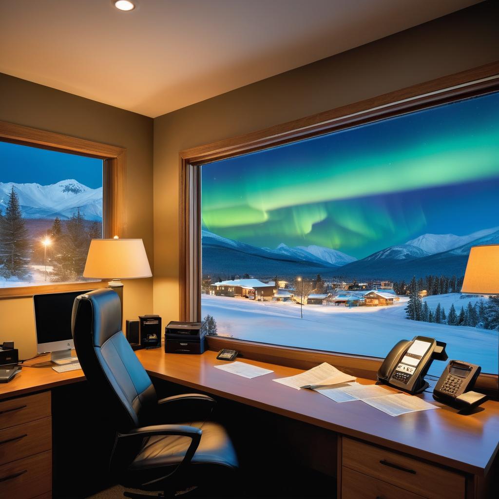 A Fairbanks real estate office comes alive with maps, brochures, and agents assisting clients, all while the Northern Lights illuminate the backdrop - discover your dream home amidst the diverse offerings of Alaska's vibrant marketplace with expert guidance from CENTURY 21 Gold Rusch's Jameson Bradshawe.