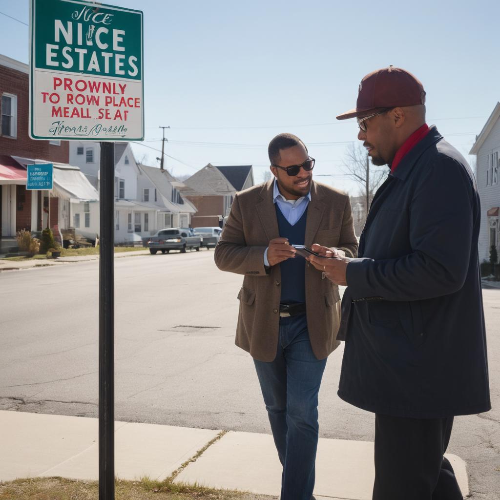 The photograph depicts Brownsville's vibrant real estate scene with Mr. Mario Perry of All Star Realty showing a prospective house, while two clients discuss listings on smartphones; the city's skyline and numerous 'For Sale' signs convey optimism and accessibility to home ownership.