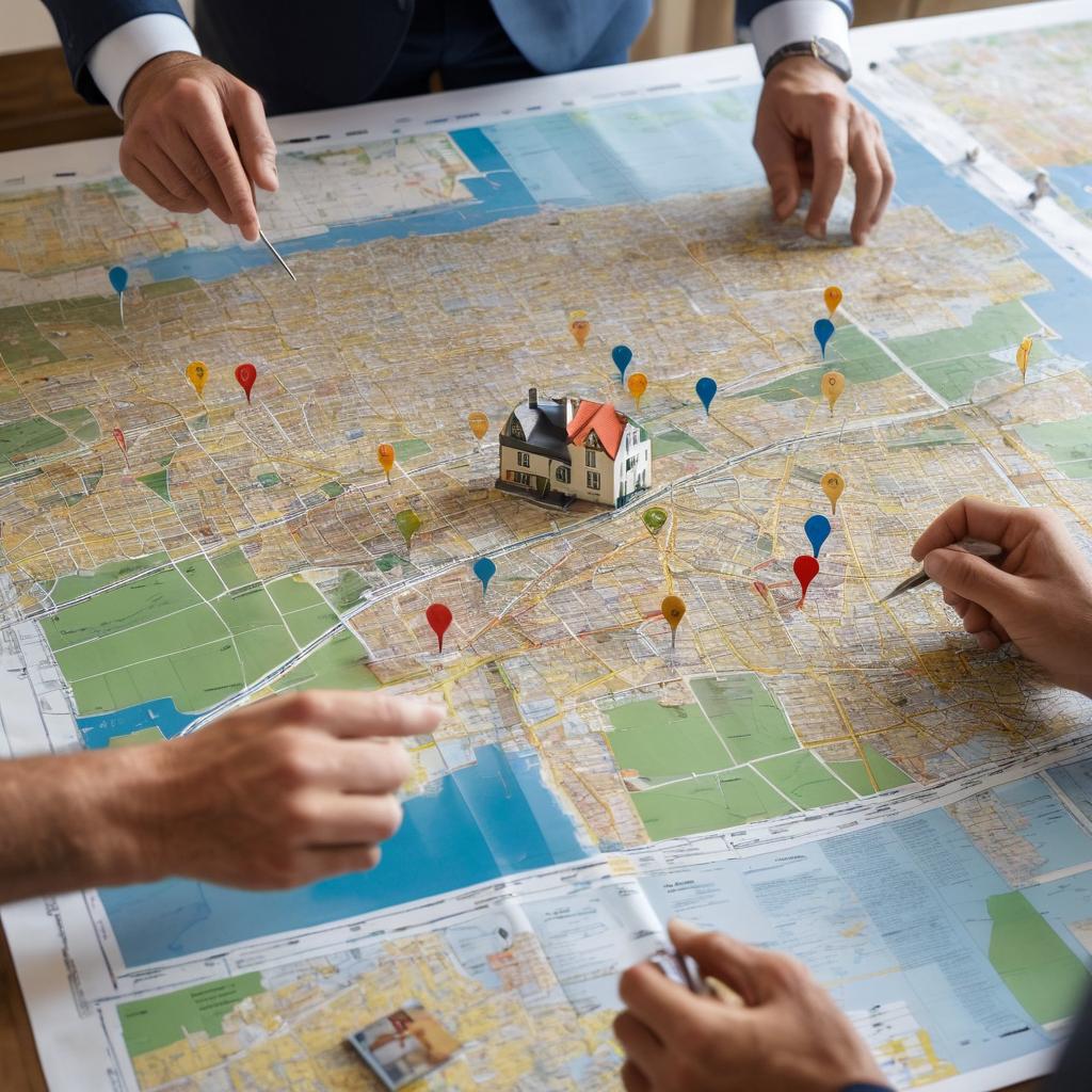 A real estate agent presents property options in Blackpool to buyers, with a map dotted with pins and surrounded by relevant literature, as sunlight filters through the room.
