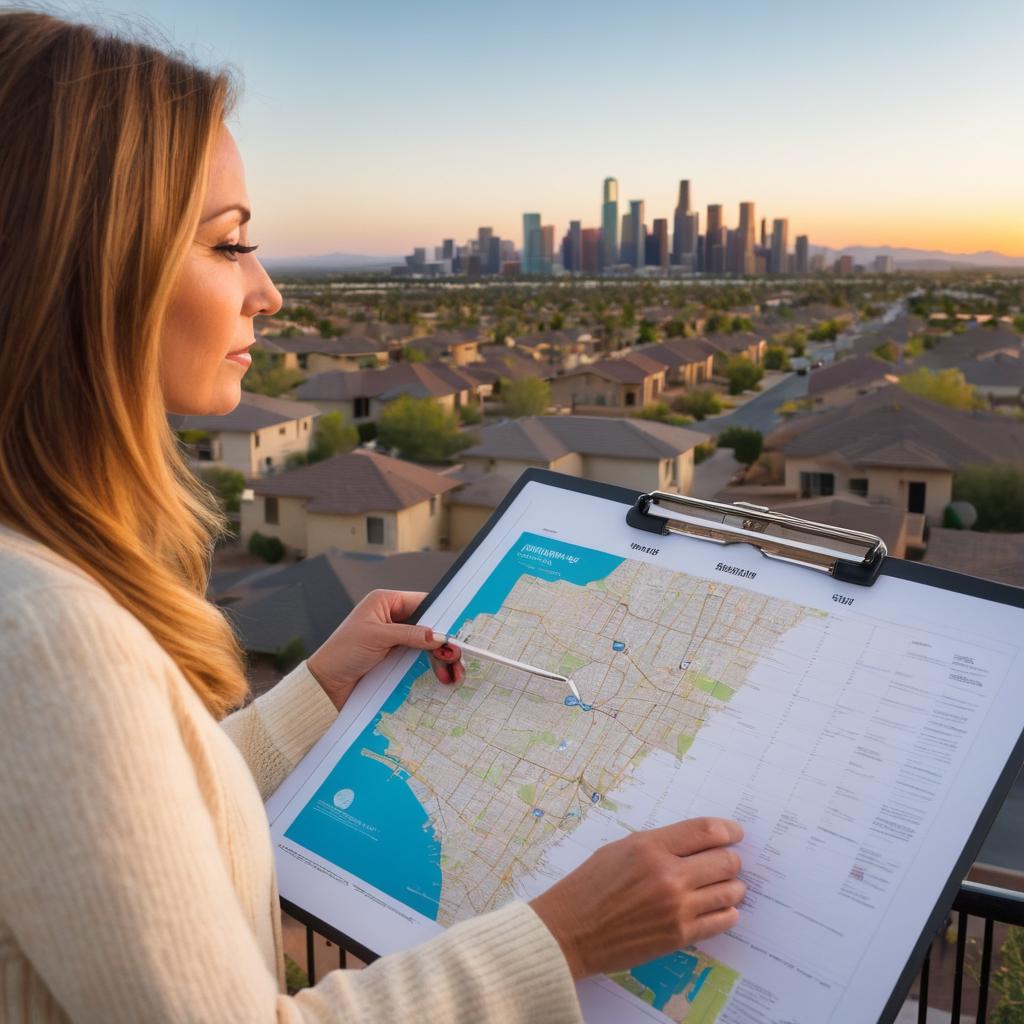 A lively gathering around a map of Gilbert real estate showcases various property listings from affordable homes to luxury estates, emphasizing affordability and future growth, with the city's vibrant skyline setting the backdrop as the sun sets.