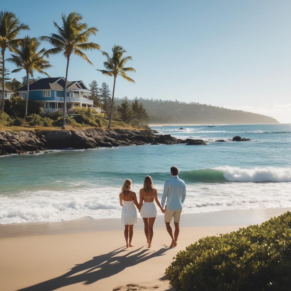 A young couple contemplate their real estate choices with agent Alexa Fry from CBRE amidst Sunshine Coast's stunning scenery, featuring luxurious properties, swaying palm trees, and shimmering golden sand by the clear blue sea.