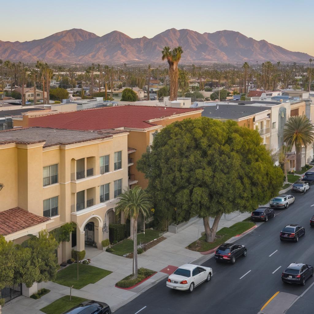 This image depicts a bustling street in Anaheim filled with real estate businesses and signs, surrounded by prospective buyers or renters, while a grand estate for sale is visible in the background.