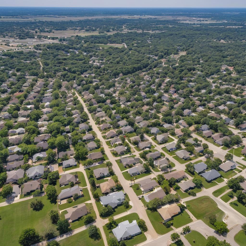 The vibrant Lewisville real estate market comes alive with various houses, townhomes, ranches, and flats visible from a bird's eye view or high vantage point; sunny day, people visiting open houses, agents bidding at auctions, Mrs. Brynn Cash selling land, and the London Horn helping clients secure mortgages.