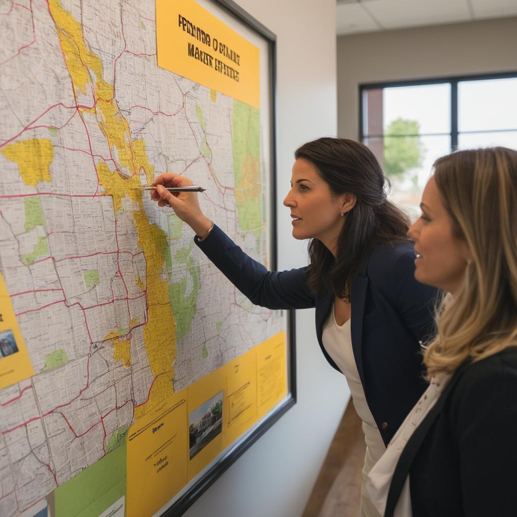 A bustling scene at Fayetteville's Century 21 Liberty office showcases potential buyers examining listings on a notice board, while agents inside work to match clients with their ideal homes as marked on a map of the city.