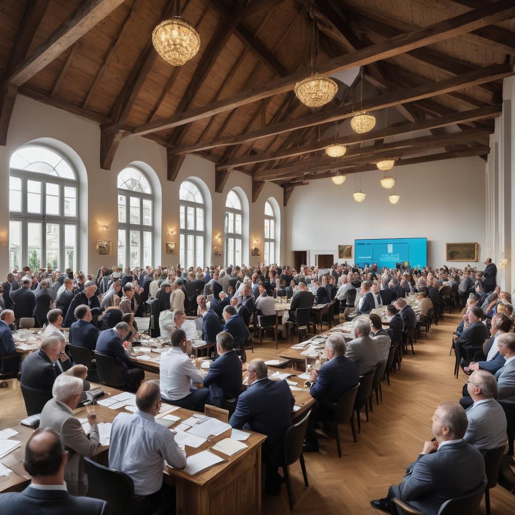 This image encapsulates the intensity and opportunity in Munich's real estate market, where diverse investors bid on properties at lively auctions, guided by auctioneers and facilitated by advanced tech displays.